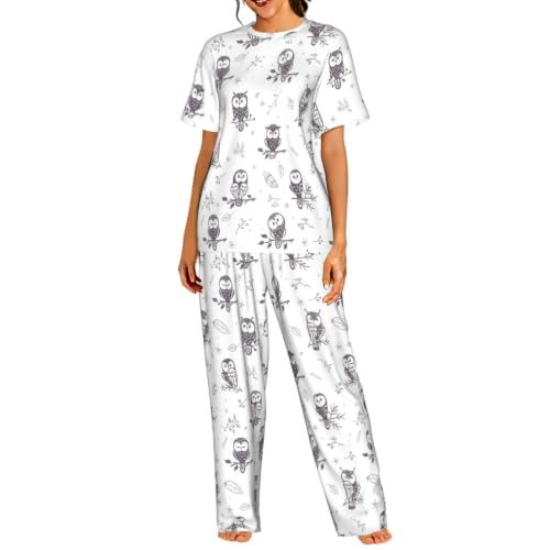 Pyjama court femme imprimé hibou et branches en coton doux
