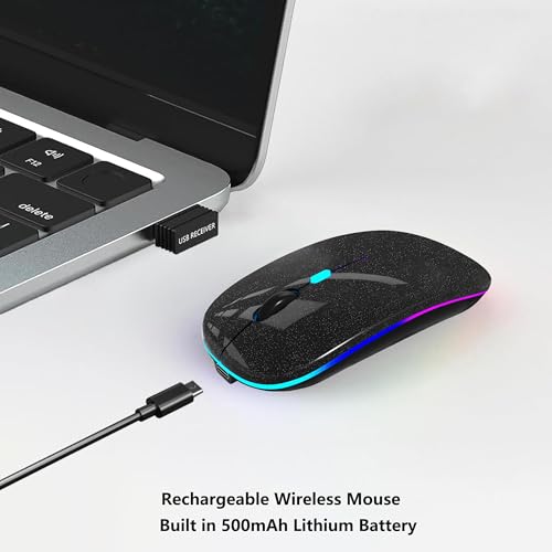 Image of WREANU Wireless Bluetooth Mouse, Rechargeable Laptop Mice, Black Bright | LED Lights, Dual Mode(BT5.2 & 2.4G Portable USB Receiver) Silent Slim Computer Mouse for Laptop /iPad /Tablet /Computer /Mac