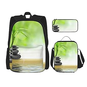 Steen Bamboe Print Rugzak Voor Jongens Tieners Boekentas Reizen Dagrugzak, Lunch Bag En Potlood Case Combinatie