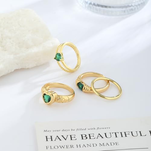 Kyerlyn Stackable Gold Rings for Women Non Tarnish Emerald Heart Chunky 14K Gold Plated Stacking Ring Set Statement Promise Wedding Bands Engagementfor Gifts Jewelry Size 6 7 8 9 10 5