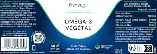 Oméga-3 végétal 625mg - Équilibré en EPA/DHA - Huile naturelle issue de microalgue Schizochytrium sp. - Alternative végétale à l'huile de poisson - Adaptée Vegan & Végétariens - 60 Capsules - Dynveo – vue 5