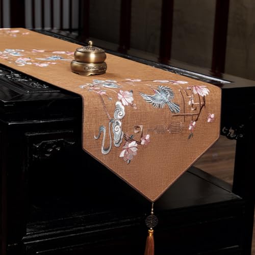 YQkasj 正月 テーブルランナー 和 おしゃれ ティーテーブル ダイニング 中華風 リビング テーブルセンター クロス タッセル付き 結婚式 綿麻 クラッシック モダン テーブルランナー テーブルフラグ 北欧 35*240 防塵耐熱 花瓶敷き カラー3