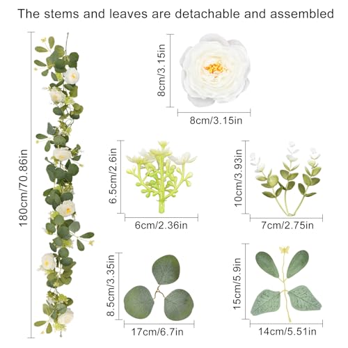 2 Pack 12Ft Artificial Eucalyptus Flower Garland,Flower Garlands with 6 White Roses,Eucalyptus Garland with Flowers Use for Wedding/Table/Backdrop/Arch Birthday Party Indoor Outdoor Decor
