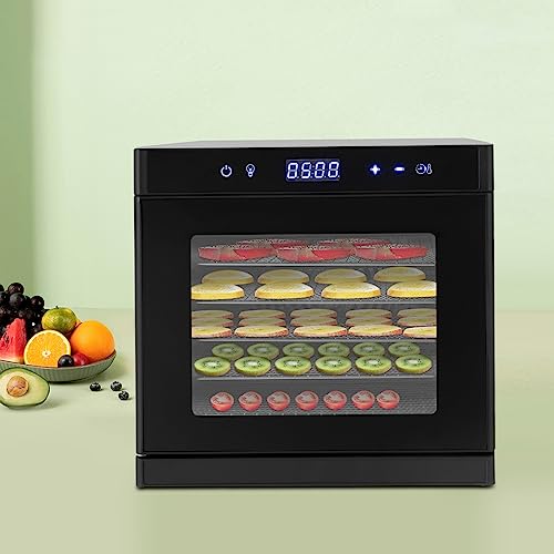 Dörrautomat edelstahl, Food Dehydrator mit Rezepte 6 Edelstahl-Dörrtabletts, LED-Display (35°-75°C) und 700W, Schwarz