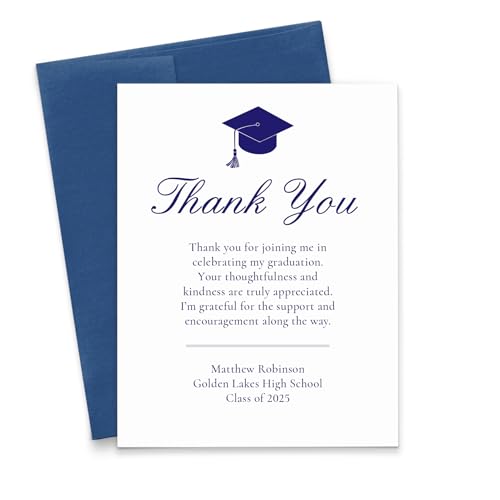 Personalized Graduation Thank You Card 2025 Blue, FLAT Custom Message Thank You Cards For Graduation Gifts, Graduate Thank You Notes With Envelopes, Your Choice of Color, Quantity, and Envelope Color