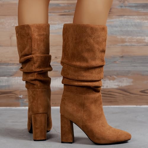 Brown Slouchy Boots for Women - Mid Calf Fall Boots 2024 with Chunky High Heels - Casual Women's Fashion2
