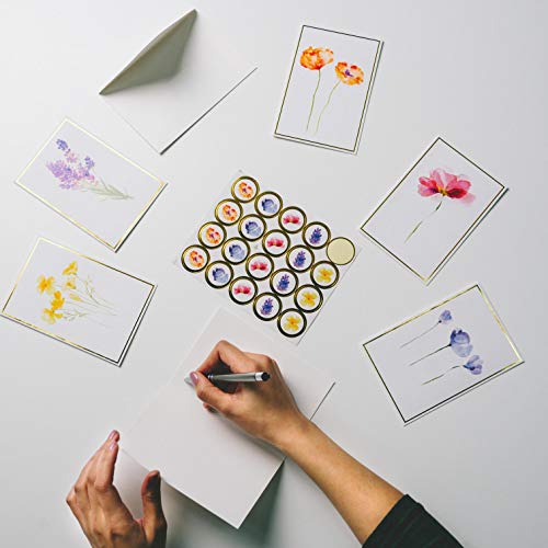 40 Plain Floral Cards, 4 X 6 In Assorted Artistic Watercolor & Gold Foil All Occasion Greeting Cards, Bulk Boxed Set Of Blank Flower Stationary Notecards With Envelopes & Stickers #TOP1
