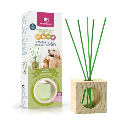CRISTALINAS | Ambientador Absorbe Olores | Mikado para Mascotas | Aroma Jardín | 100% Puro | Duración 4 Semanas | 30ml | 0% Alcohol