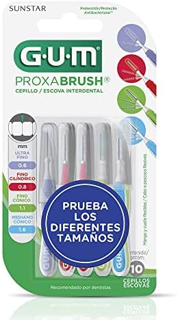 GUM - Cepillos Interdentales Proxabrush Cilíndricos en Diferentes Tamaños, Cerdas Antibacterianas y Diseño Ergonómico - Limpieza Segura en Espacios Interdentales - 10 Unidades