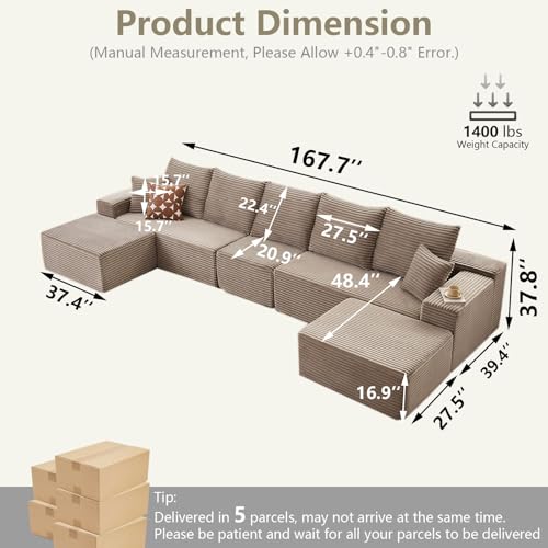 Image of 167.7 inch Sectional Cloud Couch for Living Room, Stupendous U Shaped Sofas, Modular Floor Deep-Seat Sofa, Big Comfy Corduroy Couches Set with Fluffy Memory Foam, No Assembly Required, Camel