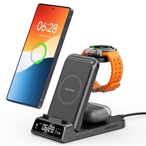 Image of SwanScout 703S Charging Station for Samsung S26 Ultra, 3-in-1 Wireless Charger for Galaxy S26+ /S25 /S24 Ultra /S24 /Z Flip /Fold, for Galaxy Watch Ultra /8 /7 /6, for Galaxy Buds3 Pro (No Adapter) (Black)