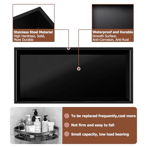 automoris 24\"×12\" Stainless Steel Shower Niche, Recessed Shower Niche No Tile Needed for Bathroom Wall, Shower Niche Insert Tile Ready for Bathroom Storage, Black - Thumbnail 6
