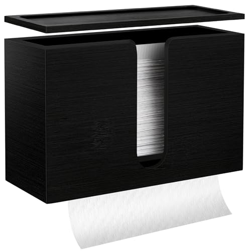 Bamboo Paper Towel Dispenser, Black Paper Towel Holder with Lids Wall Mount or Countertop for Multifold, C Fold, Z fold, Trifold Hand Towels Napkin Holder for Bathroom Toilet and Kitchen by WOHUGEKOKO - Used condition - US$19.99