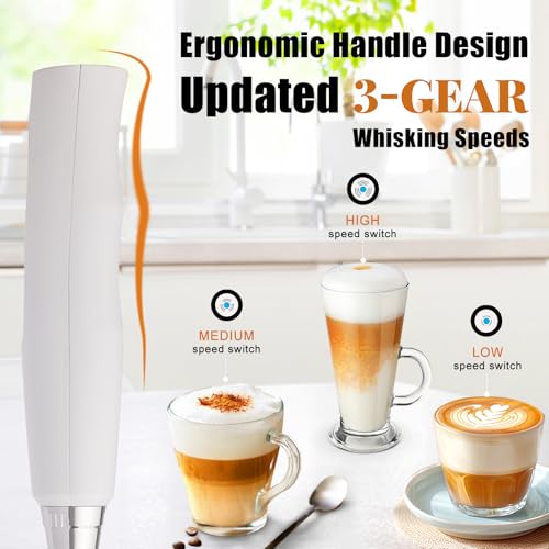 Image of Nahida White Milk Frother Wand for Coffee, Frother Handheld Rechargeable Electric Whisk with 3 Heads 3 Speeds Drink Mixer Coffee Frother Foam Maker For Latte, Cappuccino, Hot Chocolate, Egg