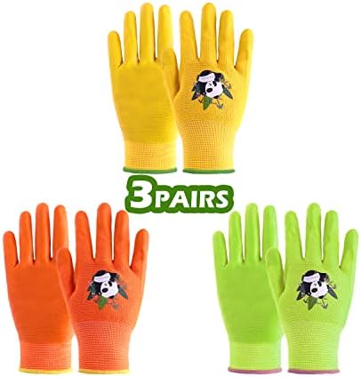 3 Pairs Kids Gardening Gloves for Yard Work for Age 2-13, Children Gardening Gloves with Rubber Coated Palm for Girls Boys (Size 4 (Age 7-8), 3 Colors)