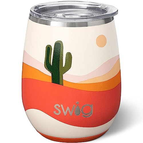 Swig Life 14oz Insulated Wine Tumbler with Lid | 40+ Pattern Options | Dishwasher Safe, Holds 2 Glasses, Stainless Steel Outdoor Wine Glass (Boho Desert)