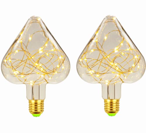 LED Kupferdraht Glühbirne, 2Pack Vintage Edison Glühbirne Sternenklare Glühbirne Feuerwerksbirne 4W dekorative Glühbirne E27 Schraubmund für Schlafzimmer (Herz) Cover