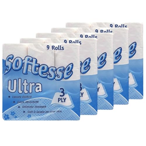 Tezraftaar® 45 x Toilet Tissue Paper Roll Softesse Luxury Quilted Soft Absorbent 3 Ply Toilet Roll for Commercial Home Restaurants Camping Travelling Use