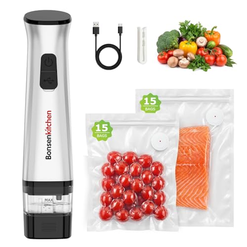 Bonsenkitchen Handheld Vacuum Sealer for Travel, 30 Reusable Bags