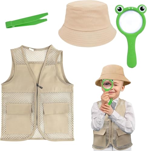 Kit Explorateur Enfant, Garçons et Filles Aventure Costume Safari Outfit Explorer Gilet et Chapeau, Lupe et Pinces pour Kit Aventure Outdoor Discovery (pour 5-8 Ans)