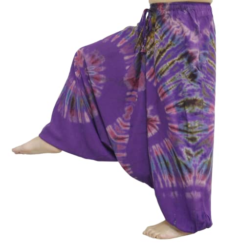Tie Dye Pants Unisex Baggy Aladdin Hippy Harem Jump Leg and Adjustable Waist from 20-40 Inches (Purple)