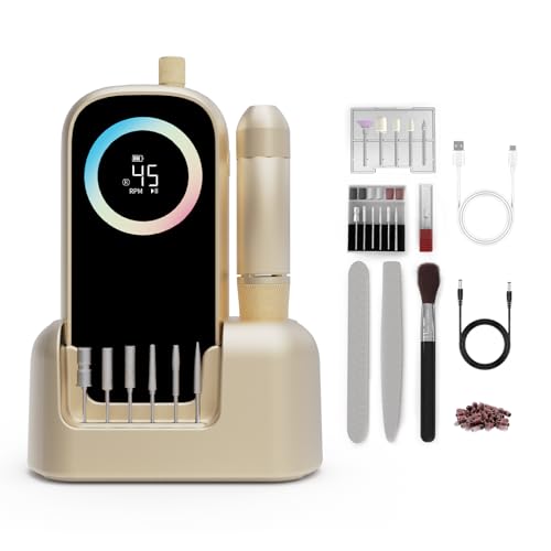 Electric Nail Drill 45000RPM, 2025 Pro High Tech Fast Remove Cordless Nails Drill with Rechargeable Stand for Acrylic Nails, 12Pcs Drill Bits and Holder, LCD Professional Nail Machine for Salon Home