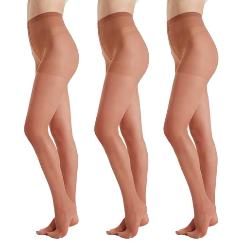 DIKER 3er-Pack Strumpfhosen Damen Strumpfhosen für Damen 20 DEN Feinstrumpfhose Damen Transparent Mattes Finish Seidig Weich Verstärkte Fußspitze Braun
