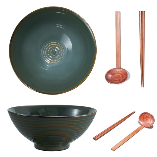 Yuecda 2 Sets 8 Inch Ceramic Ramen Bowl Set of 2 40oz Japanese Bowls with Spoons & Chopsticks Durable Microwave & Dishwasher Safe Perfect for Ramen Pho Salad Soup NoodlesMixing BowlsCyan