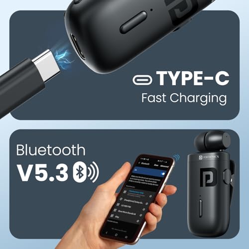 Image of Portronics Harmonics Klip 6 Retractable Bluetooth Calling Earphone with Upto 30 Hour Playback, Vibration Prompt, Strong Clip, HD Clarity Mic, Bluetooth V5.3, Type C Fast Charging(Black)