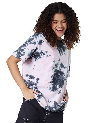 Image of The Souled Store|Tie Dye: Grey & Black Women and Girls T-Shirts|Loose fit Tie Dye Printed| Half Sleeve|80% Cotton 20% Polyester Grey and Black Color Women Boyfriend T-Shirts