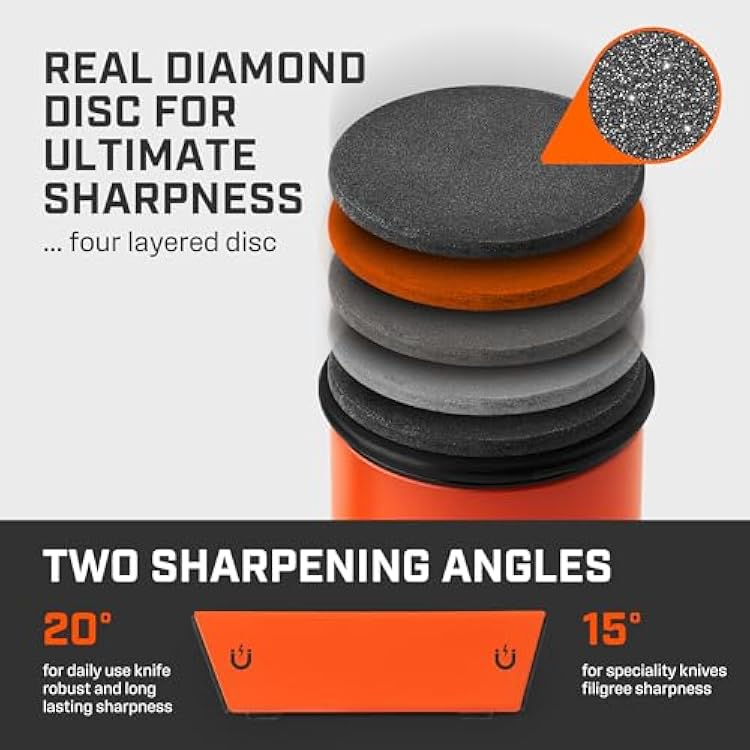 TUMBLER Pro Rolling Knife SharpenerTM - Knife Sharpening Made Easy - Rolling Knife Sharpening Kit with Removable Disc System - Includes 4-Layer Diamond Sharpening Disc & EdgeBoost Ceramic Disc (Orange)