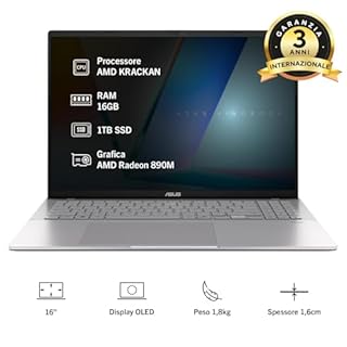 ASUS Vivobook S16 M3607KA, Notebook con Monitor da 16" Glossy OLED, 60Hz, AMD Ryzen AI 5 330, RAM 16GB,1TB SSD, Win 11Home, Argento