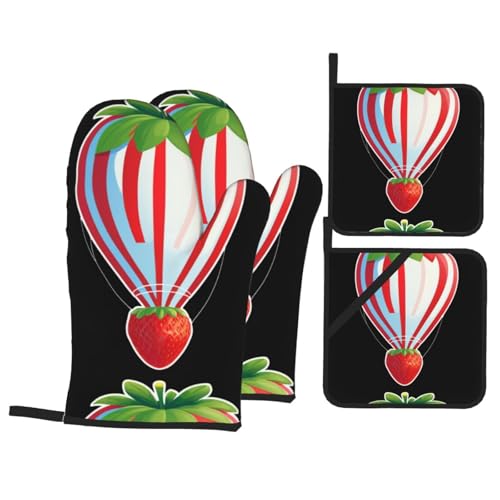 WHJSHOP Juego de 4 piezas con diseño de globo de aire caliente de fresa gigante, guantes de horno, grueso y aislado