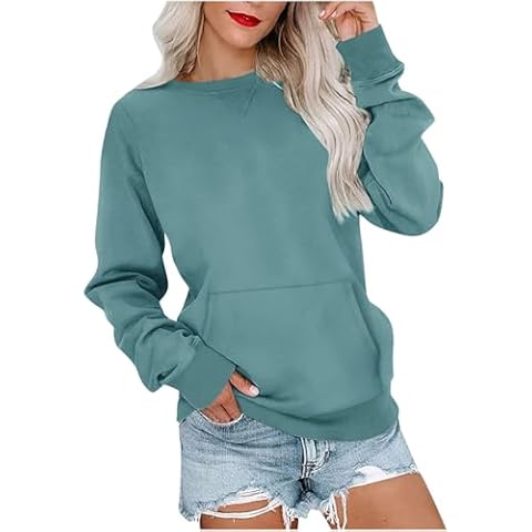 Gumipy Crewneck Sweatshirts Women Fleece Long Sleeve Oversized Sweatshirt Trendy Tunic Sweatshirts No Hood Comfy Women Winter Clothes with Pocket Sweatshirt Plain Mama Sweatshirt D-green Cover