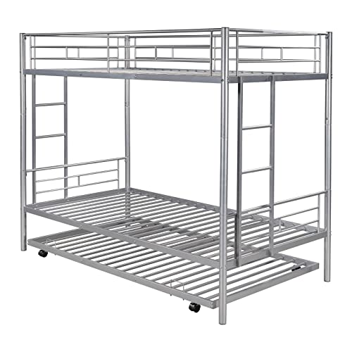 Metal Bunk Bed With Trundle Twin Over Twin Modern Bunk Beds With Slats Heavy Duty Bunkbed Frame For Adults,Teens,Boys And Girls. (Silver) #TOP5