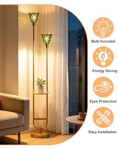 Image of Lightdot 2-Lights Modern Glass Floor Lamp with Shelf Gold Standing Tall Lamps with Green Shell Glass Shade,LED Floor Lamp with Foot Switch for Living Room Bedroom Home Decor (3000K Bulbs Included)