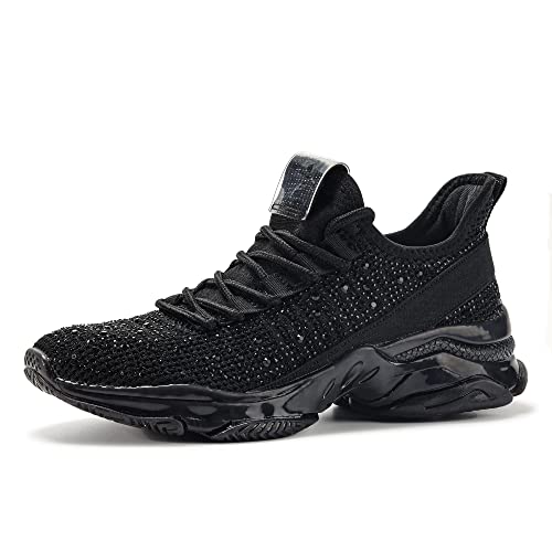 BELOS Women's Fashion Rhinestone Mesh Knit Slip On Sneaker Breathable Glitter Walking Shoes(Black,9)