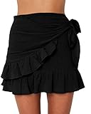 Jeanewpole1 Womens Floral A Line Mini Skirts Wrap Pleated Ruffle Hem Cute Beach Short Skirts (Large,...