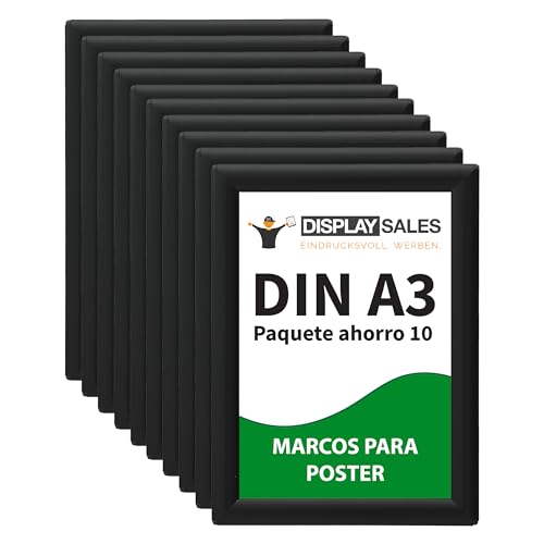 DISPLAY SALES – Pack de 10 Marcos Clic-Clac DIN A3 Negros | Marcos de Aluminio para Pósteres y Certificados (29,7x42 cm) | Perfil de 25 mm | Marco Publicitario para Carteles y Documentos