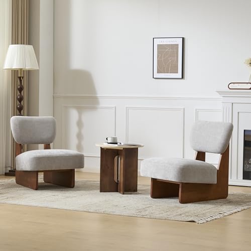 Christopher Knight Home Mores Low Profile Accent Chair Set of 2, Modern Living Room Armless Lounge Chair, Fabric Comfy Reading Chair for Bedroom, Wooden Frame and Thick Padded Seat, Walnut+Gray