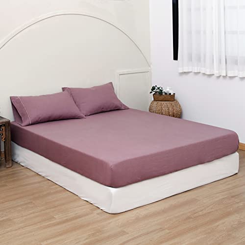 King Linens 100% Linen Fitted Sheet Stone Washed Solid Color - (1 Piece) 14 Inch Deep Pocket Mattress Cover Soft Natural Breathable Farmhouse - Purple, Full Size #TOP4