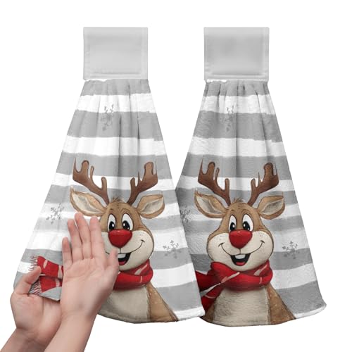 Kwlegh Reindeer Christmas Kitchen Hand Towels with Hanging Loop Xmas Deer Grey Stripe Decorative Hand Towels for Bathroom Kitchen Oven Stove Dish Cloth Dry Towels Soft Bath Tie Towels