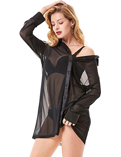 Kate Kasin Women’s Sexy Sleep Shirts Mesh Long Sleeve Swimwear Cover Up Sheer Blouse Lingerie S-XXL - Image 3
