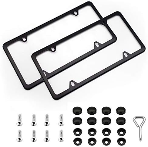 XCLPF 2 Pcs 4 Holes Stainless Steel Black License Plate Frame,Car Licenses Plate Covers Holders Frames for Plates with Screw Caps.(Black)