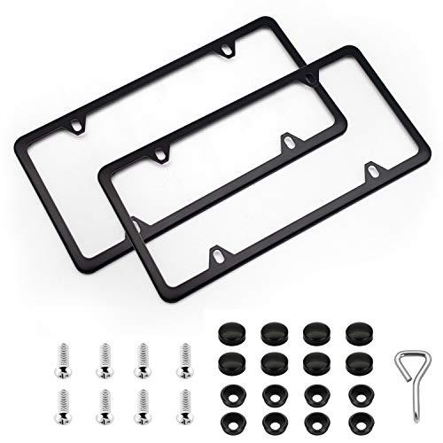 XCLPF 2 Pcs 4 Holes Stainless Steel Silver License Plate Frame,Car Licenses Plate Covers Holders Frames for Plates with Screw Caps.(Black)