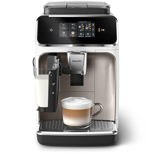 PHILIPS 2300 Macchina Caffè Automatica, 4 bevande, Caraffa LatteGo | Display touch a colori, 4 bevande, SilentBrew: Macinatura 40% più silenziosa, montalatte automatico, bianco cromo (EP2333/40)