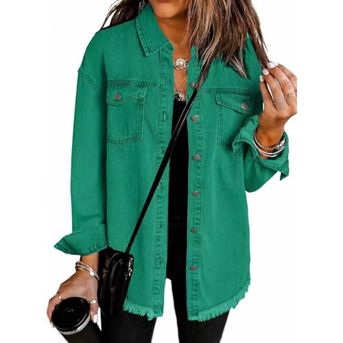 Women's Denim Jacket Trendy Button Up Frayed Hem Jean Jackets Oversized Long Sleeve Shacket Casual Distressed Coats