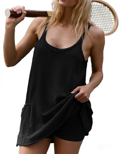Image of Womens Athletic Sundress with Built-in Shorts Golf Tennis Romper | Sleeveless Mini Spaghetti Strap dress Functional side pockets tummy-friendly fit casual beach vacation