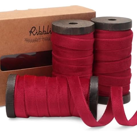Ribbli Vintage Red Velvet Ribbon 3 Rolls Double Faced 3/8 Inch 18-Yard with Wooden Spool Use for Christmas Tree Ornaments Gift Wrapping Wreath Decoration Wedding Boutonnieres Cover