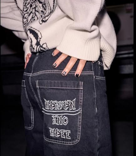 Y2K Beggy Jeans for Women Men Denim Pants Skull Embroidery Gothic Jeans Straight Wide Leg Trouser4